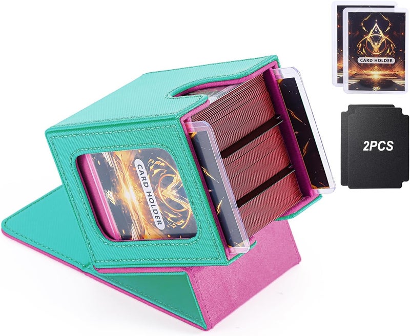 Commander Deck Box for MTG with double display windows,Card Storage Box Fits 120+ Single sleveed Cards,Magnetic Card Box with 2 Dividers&2 Toploaders for TCG Turquoise/Pink